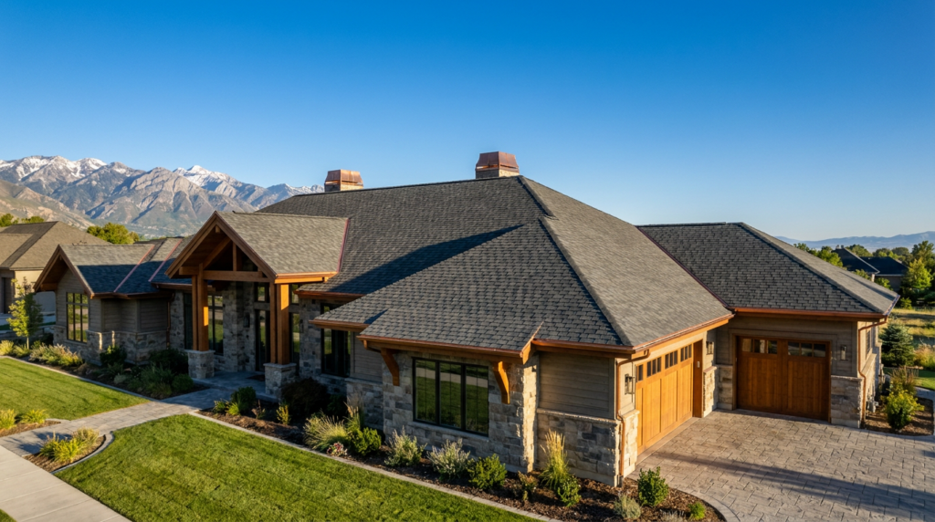 Single-story house with stone and wood exterior, a three-car garage, and landscaped yard, set against mountains and clear sky—ideal for families seeking peace of mind with insurance options for roof replacement.
