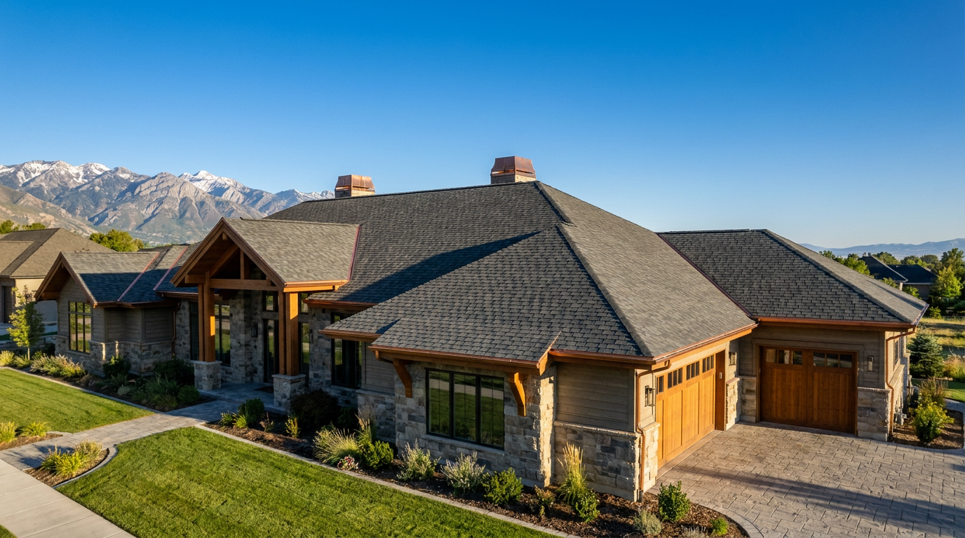 Single-story house with stone and wood exterior, a three-car garage, and landscaped yard, set against mountains and clear sky—ideal for families seeking peace of mind with insurance options for roof replacement.