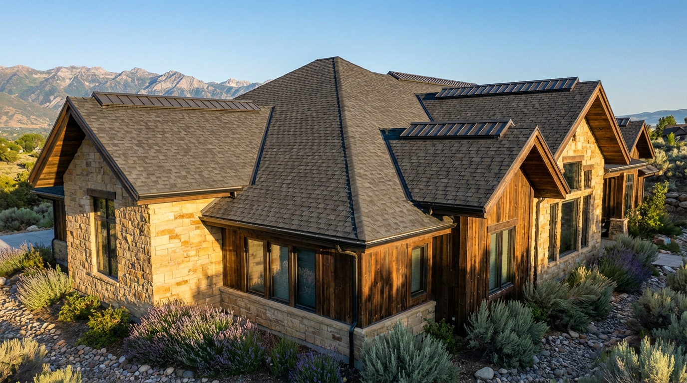 Modern house with stone and wood exterior, gabled roof, and large windows, surrounded by landscaping and mountains in the background—perfect inspiration for those seeking roofing services in West Valley City, UT.
