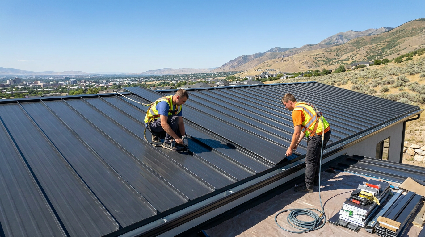 Two workers wearing safety vests expertly carry out roof installation by fitting metal roofing panels on a building, with tools and materials nearby. This scene, set against a scenic mountain view, highlights the quality roof services available in Utah.