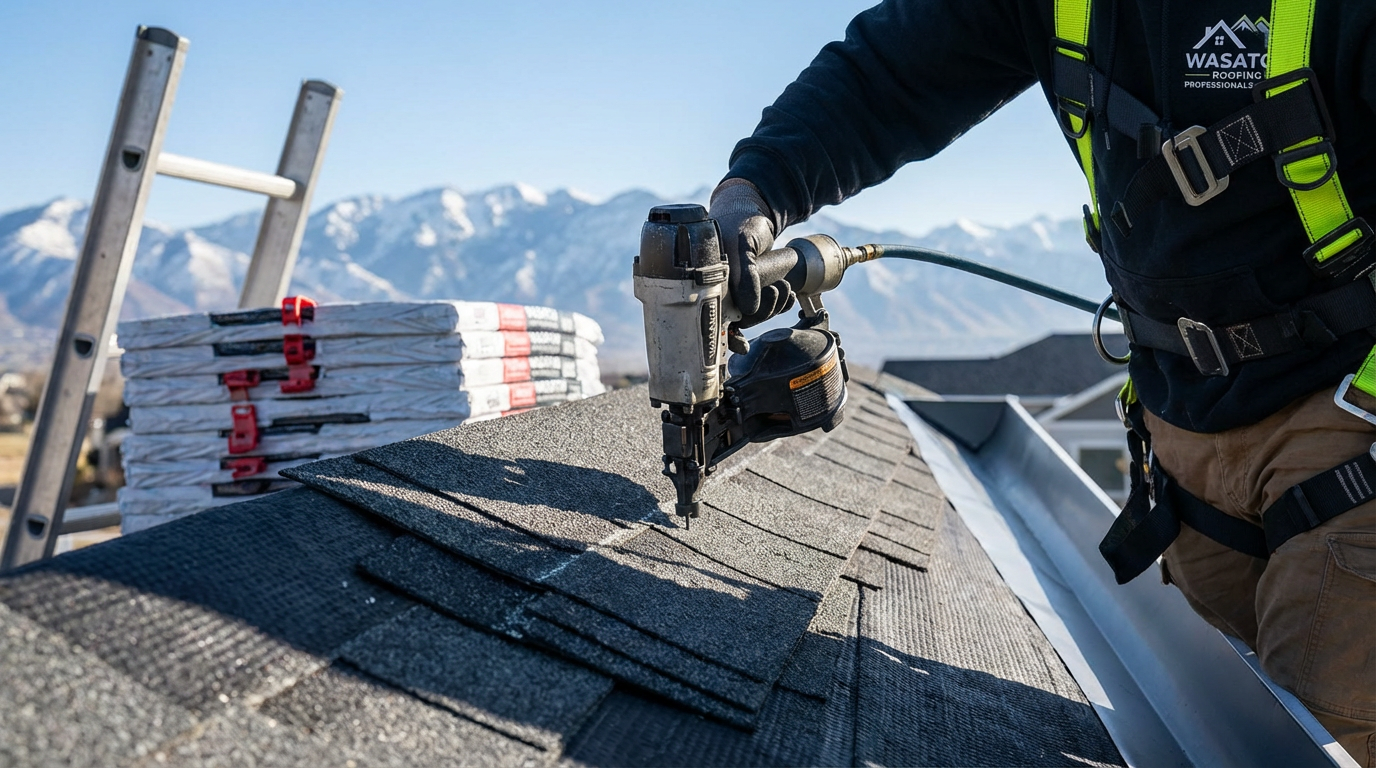 A worker provides roofing services in West Valley City, UT, installing asphalt shingles on a roof with a nail gun, while stacks of shingles and scenic mountains are visible in the background.