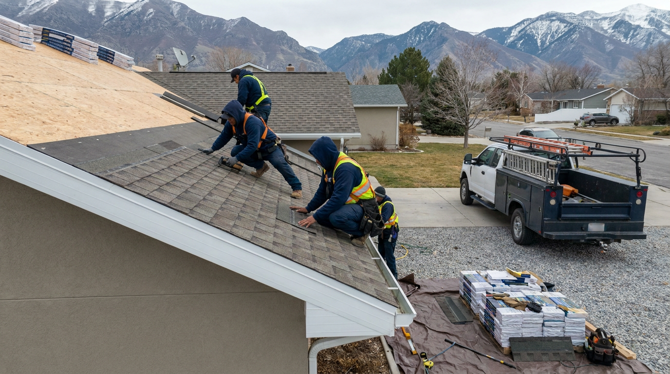 Four workers wearing safety vests install shingles on a house roof in Riverton, with roofing materials and tools nearby; mountains and other houses are visible in the background, showcasing professional roofing services in Utah.