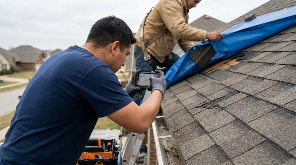 Two men inspecting and repairing roof shingles; one takes a photo with a smartphone while the other covers damaged area with a blue tarp.