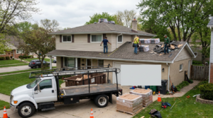 Three workers repair the roof of a suburban house, with shingles and tools visible. A flatbed truck and materials are in the driveway, and traffic cones mark the area, indicating an active roof replacement project. Homeowners may want to inquire about service cost and pricing before beginning similar upgrades.