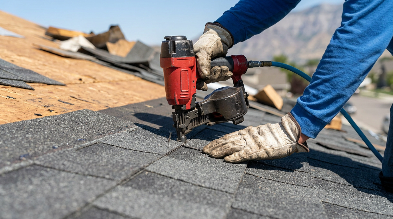 A person wearing gloves uses a pneumatic nail gun to install asphalt shingles on a sloped roof under daylight, demonstrating expert craftsmanship as part of professional Roofing Solutions in Draper, Utah.