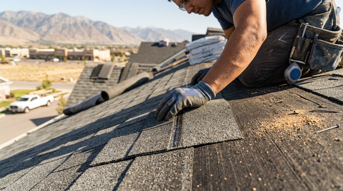A worker wearing gloves installs asphalt shingles on a roof in Utah, with roofing tools and materials nearby and mountains visible in the background.