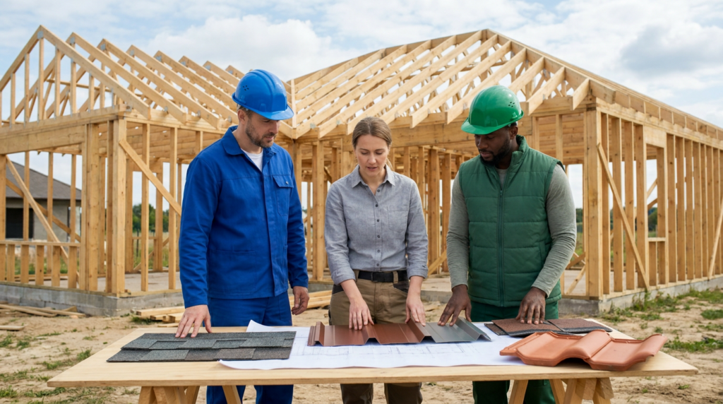 Three people examine roofing material samples and blueprints on a table at a new construction site in Utah, with a wooden house frame visible in the background.