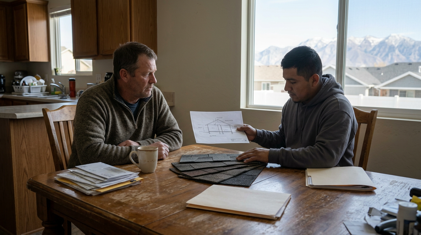 Two men sit at a kitchen table in Taylorsville, Utah, reviewing house plans and roofing shingle samples from Roofing Solutions, with paperwork and a coffee mug nearby. A window behind them shows a neighborhood and mountains.