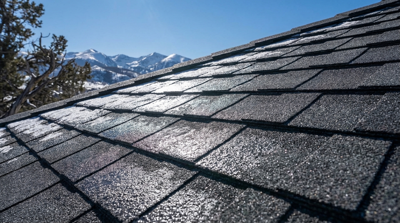 Close-up of a shingled roof in Utah with a clear blue sky and snow-capped mountains in the background, offering homeowners peace of mind with a 50-Year Roof Warranty.