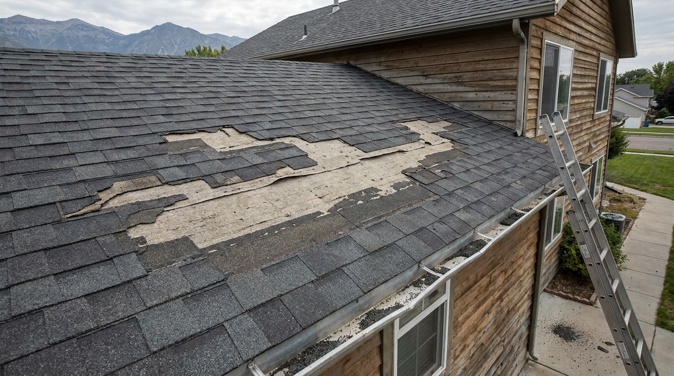 A house with missing roof shingles exposing underlayment; a ladder is propped against the side for roof access, possibly in preparation for an insurance claim roof inspection.