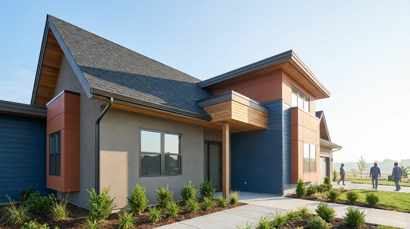 Modern single-story house with a mix of gray, beige, and orange exterior finishes, landscaped front yard, and a few people walking in the background—an inviting example of new construction roofing with stylish appeal.