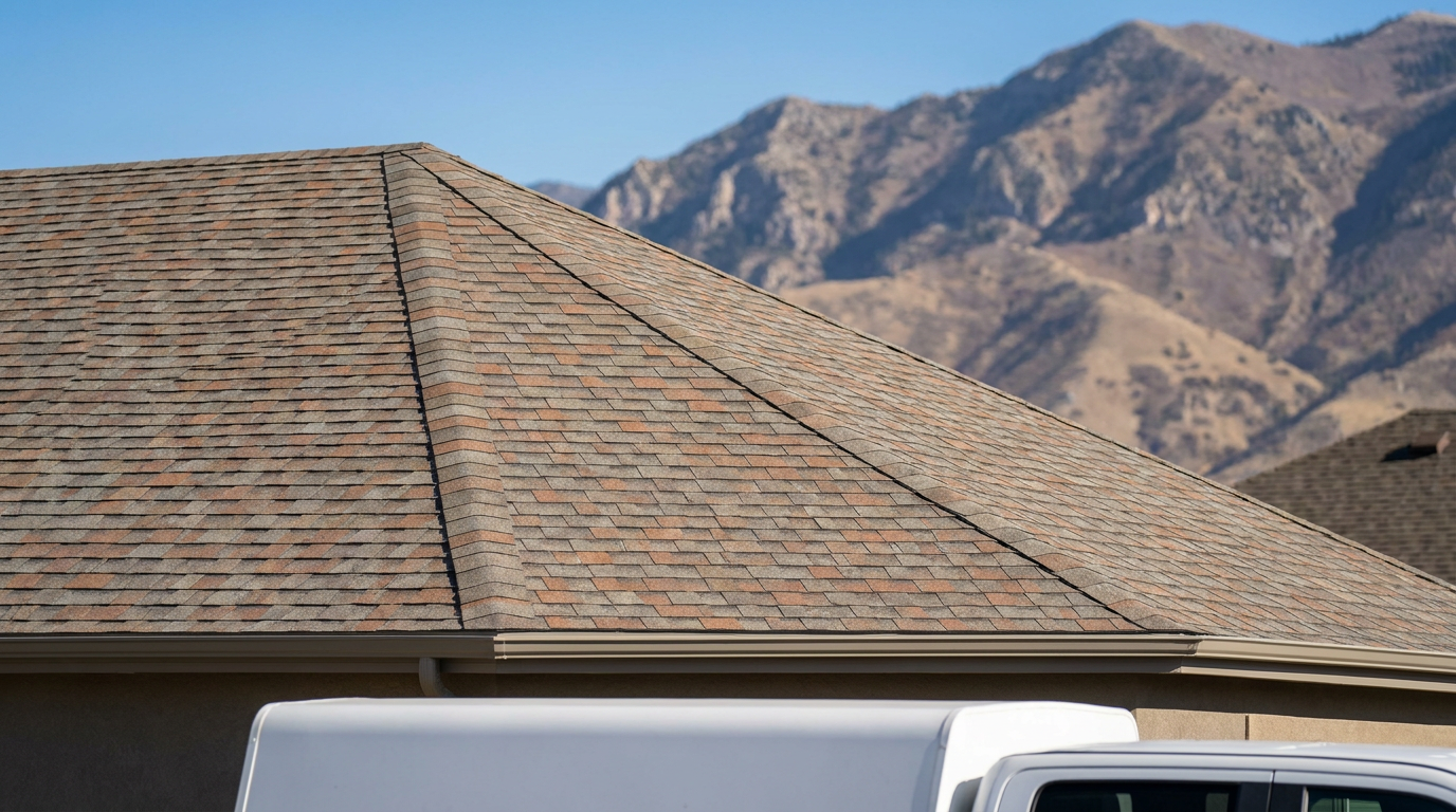 A close-up of a house roof with brown shingles, showcasing expert Roof Installation Utah, with mountains and a blue sky in the background and part of a white vehicle visible in the foreground.