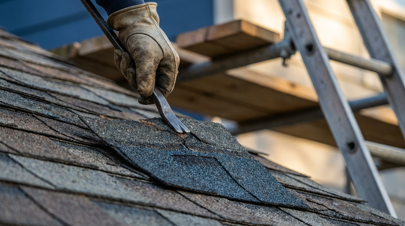 A person wearing work gloves uses a flat tool to lift asphalt shingles on a roof, following steps from a Roof Repair Guide, with a ladder and scaffold visible in the background.