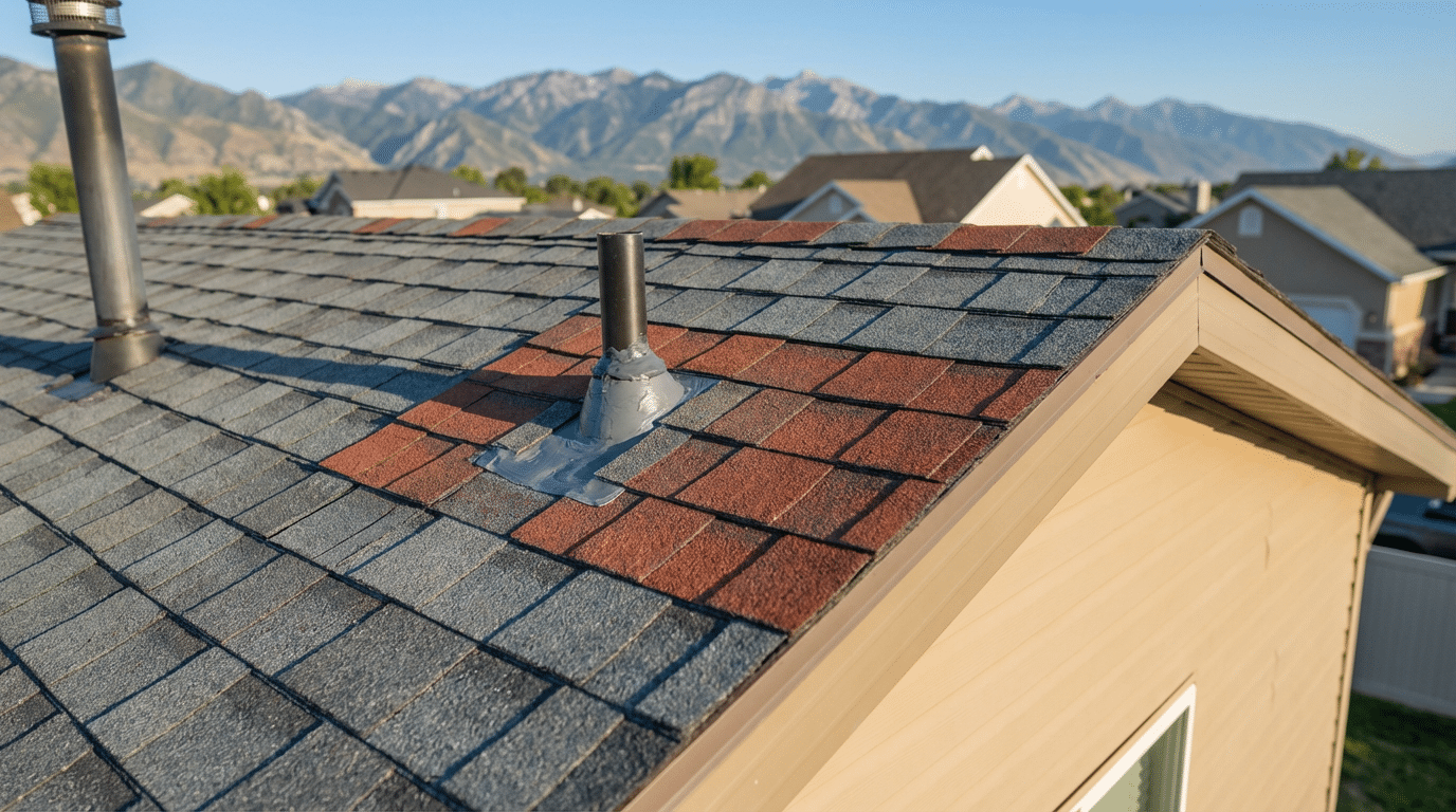 House roof in Murray UT with mostly gray asphalt shingles, featuring a section of red shingles around two vent pipes—showcasing quality residential roof repair with mountain views in the background.