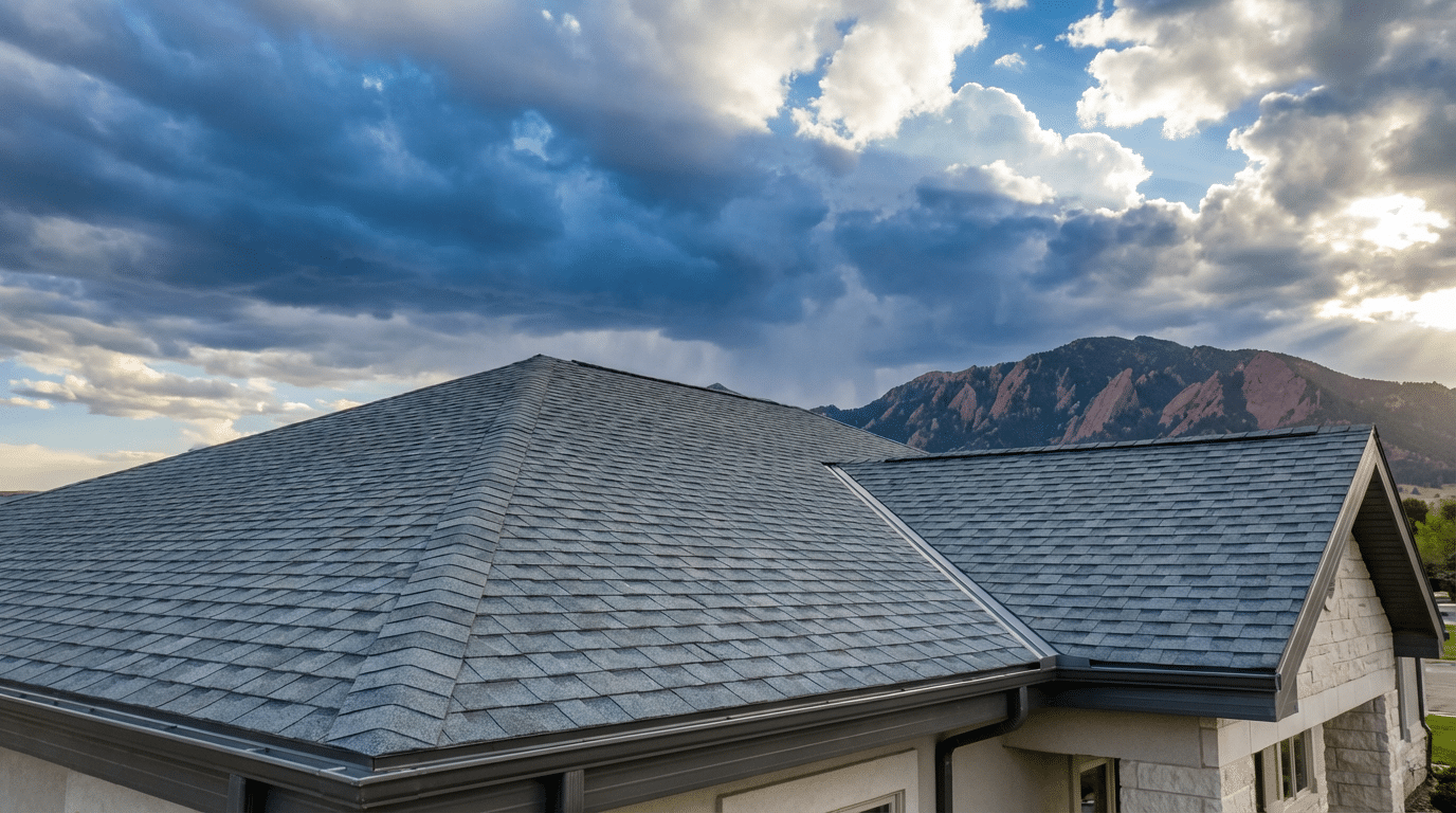 Gray shingle roof of a house in Salt Lake City with a dramatic cloudy sky and rocky Utah mountain landscape in the background, highlighting expert roofing services.