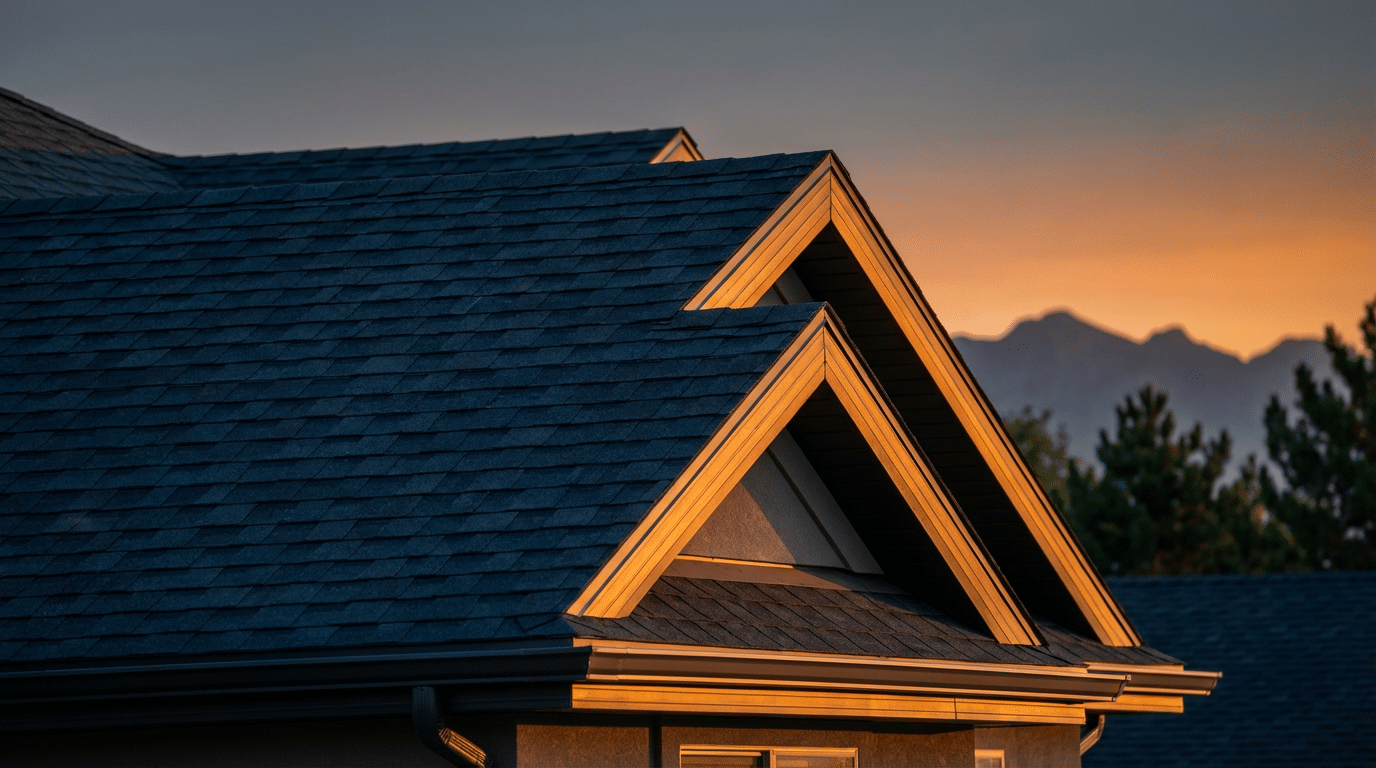 Close-up of a house roof with gables at sunset in Sandy UT, soft sunlight highlighting the roof edges. Mountains and trees are visible in the background, showcasing quality local roofing.