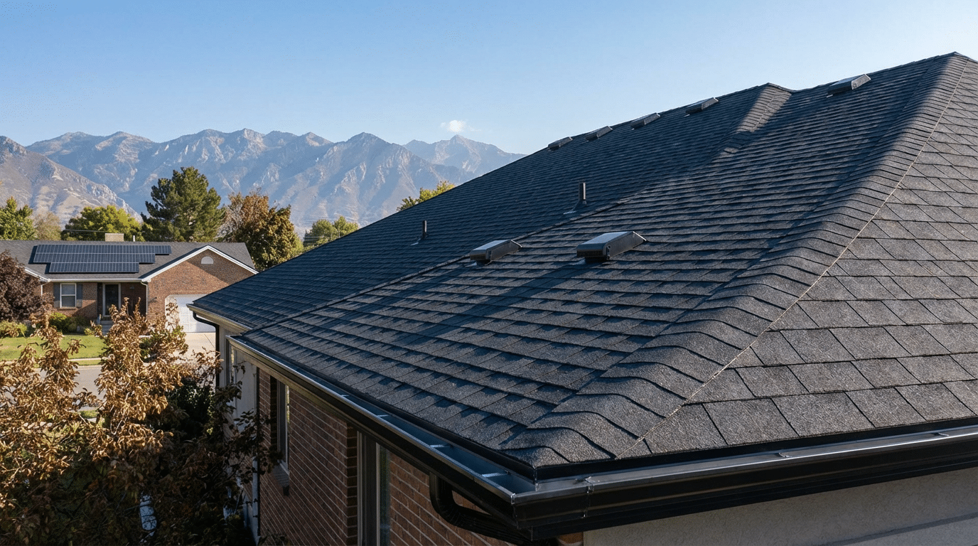 A house in Murray UT with a dark gray shingle roof, rooftop vents, and nearby trees, set against mountains and a clear sky—an ideal scene for expert roofing services.