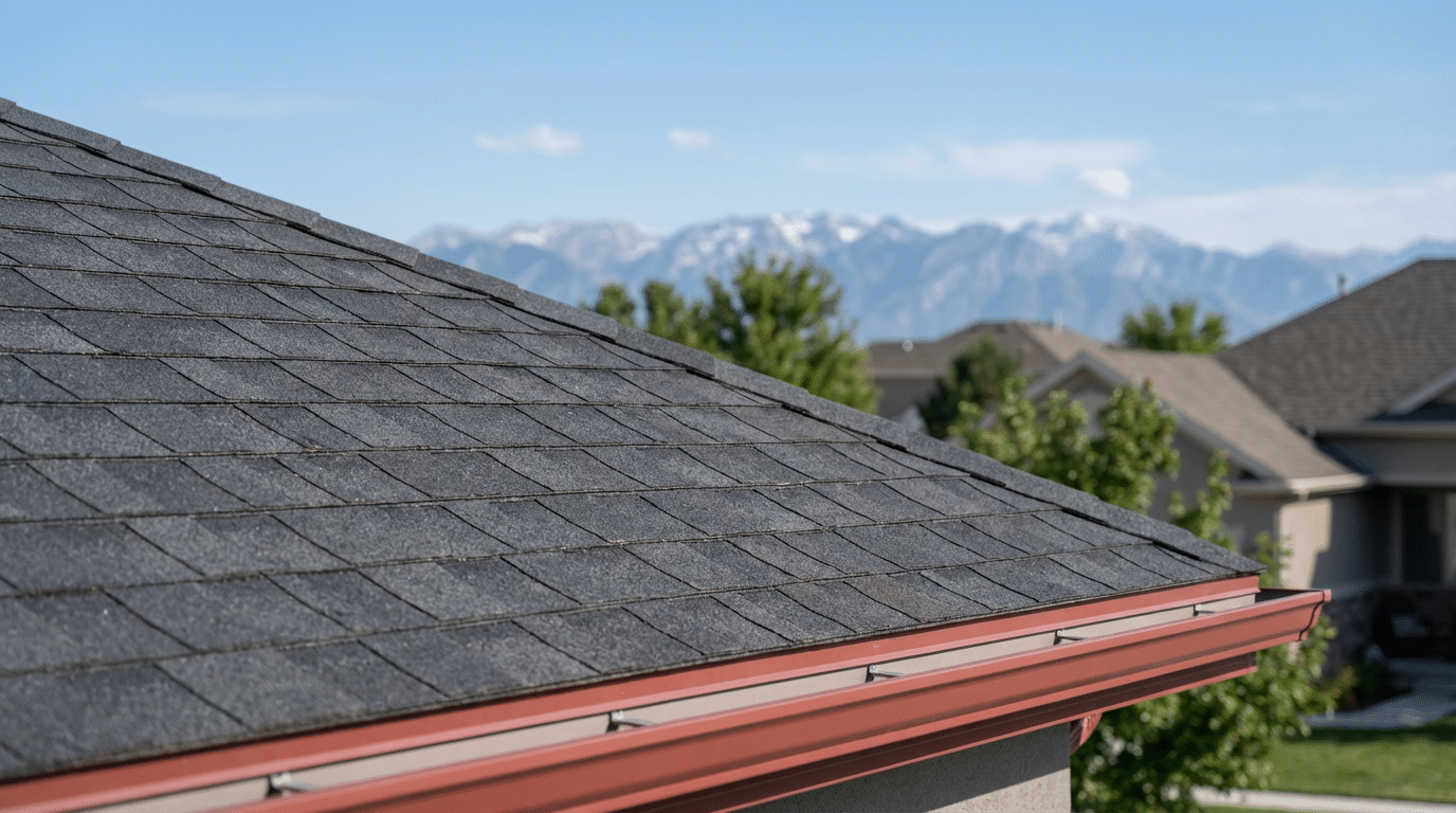 Close-up of a house roof with gray asphalt shingles and a red metal gutter in West Valley City, UT, with suburban homes and snow-capped mountains in the background under a clear sky—ideal inspiration for your next roofing services project.