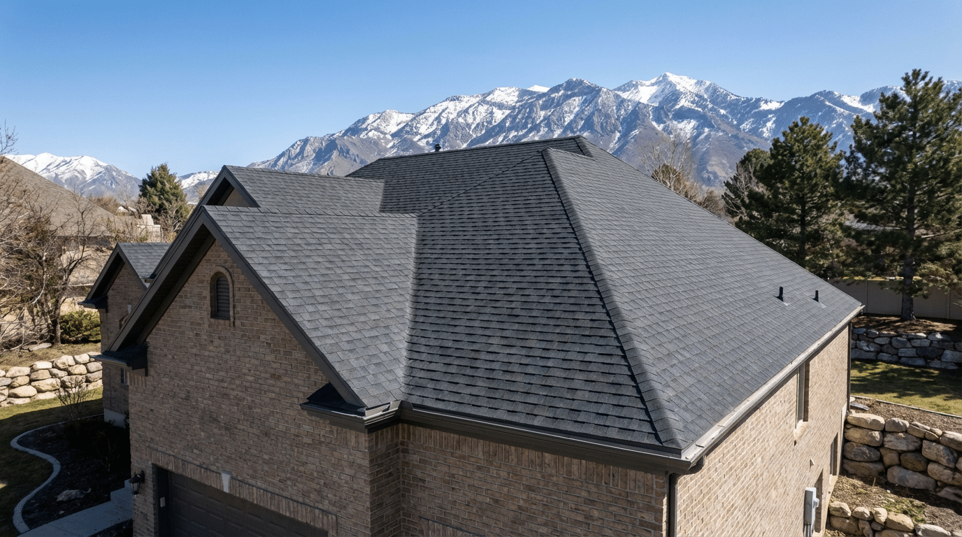 A brick house with a dark gray shingled roof by Expert Roofing is shown, nestled in Millcreek UT, with snow-capped mountains and pine trees in the background.