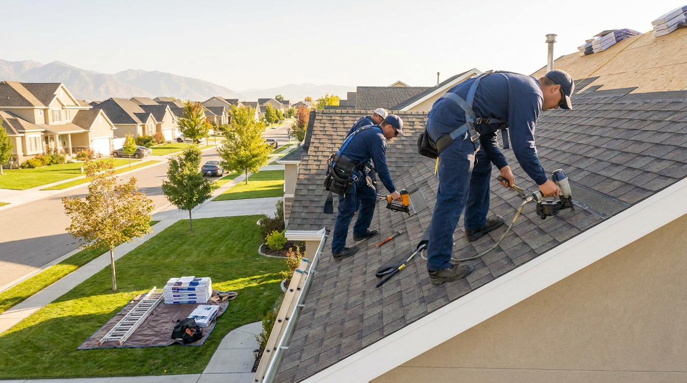 Three workers in safety gear installing shingles on a house roof in a suburban Riverton, Utah neighborhood, with equipment and materials below—a snapshot of professional roofing services in action.