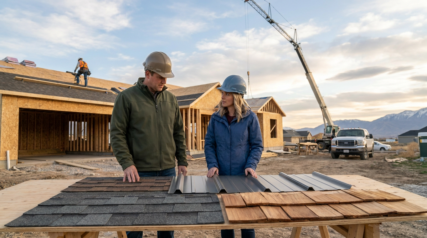 Two people in hard hats examine roofing materials on a table at a new construction site in Utah, with a partially built house and workers in the background.