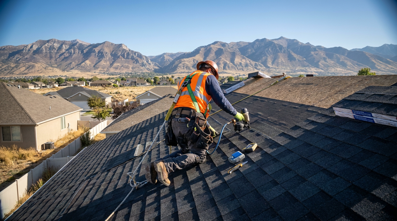 A worker wearing a safety vest and helmet installs shingles on a sloped roof, showcasing expert residential roof repair in Magna, Utah, with mountains and houses visible in the background.