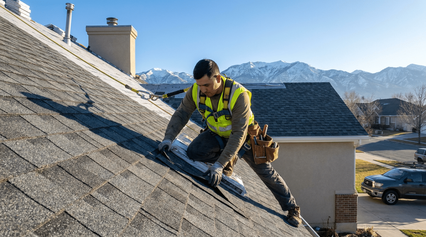 A roofer in a high-visibility vest and safety harness works on a residential shingled roof with mountains in the background, providing professional roofing services.