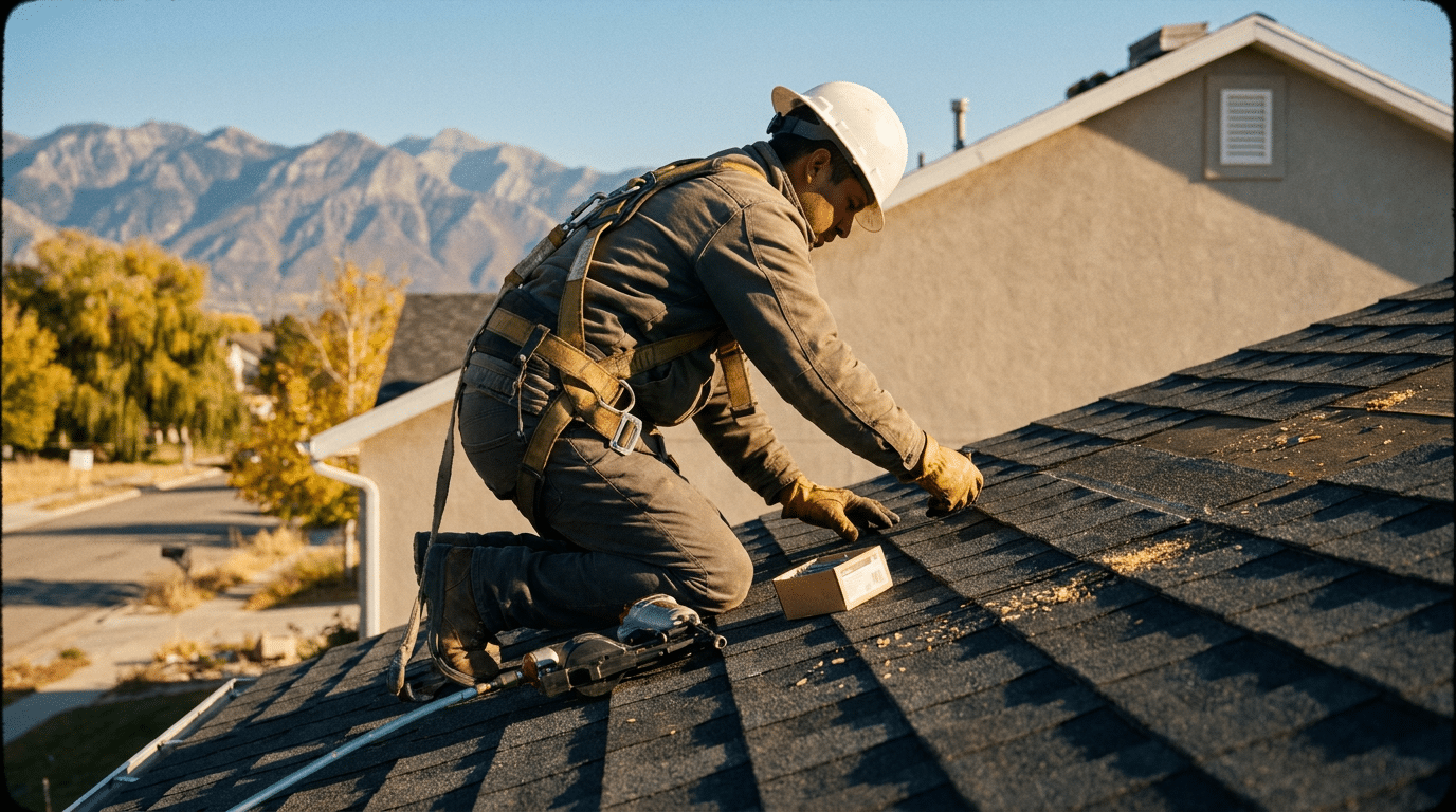 A West Valley City roofing contractor in a hard hat and safety harness kneeling on a residential roof while using a nail gun.
