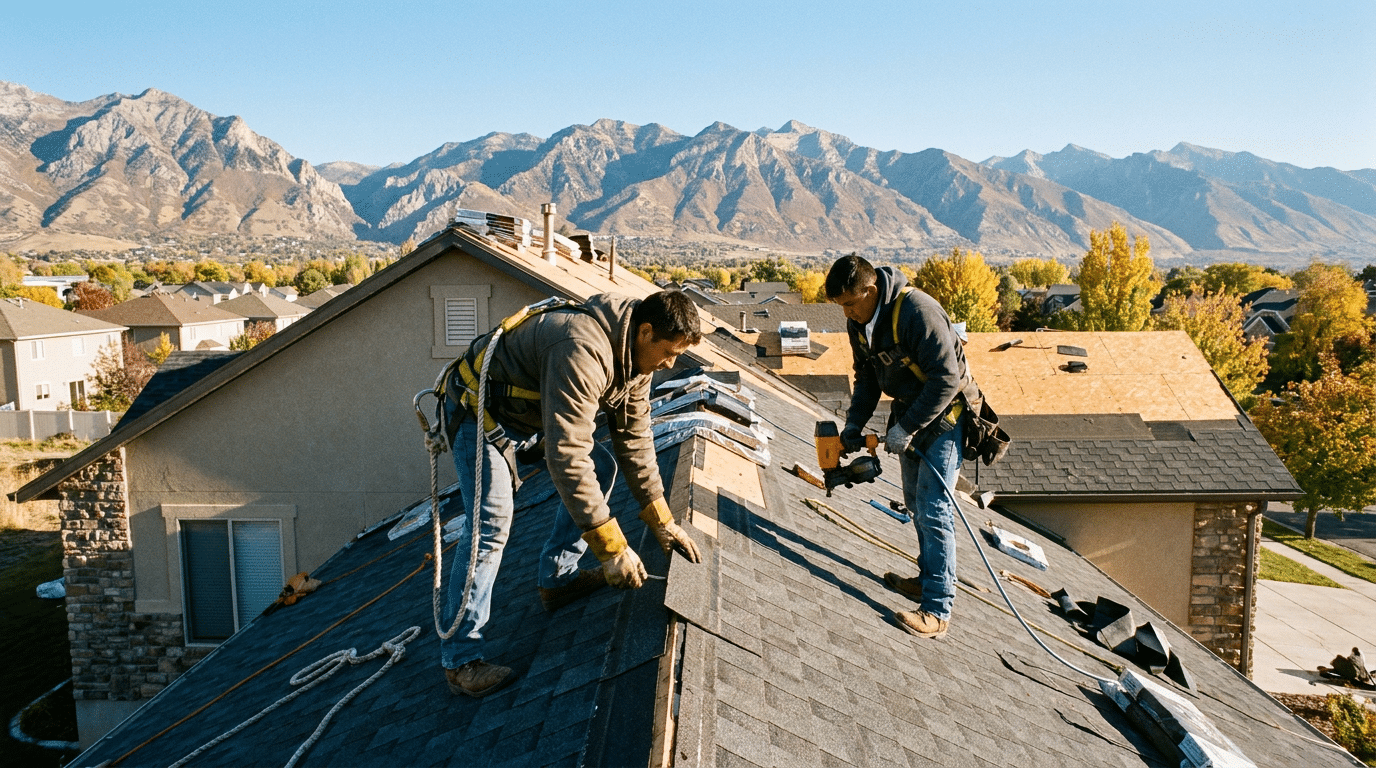 Two Utah roofers in safety harnesses install shingles on a residential roof with mountains in the background.