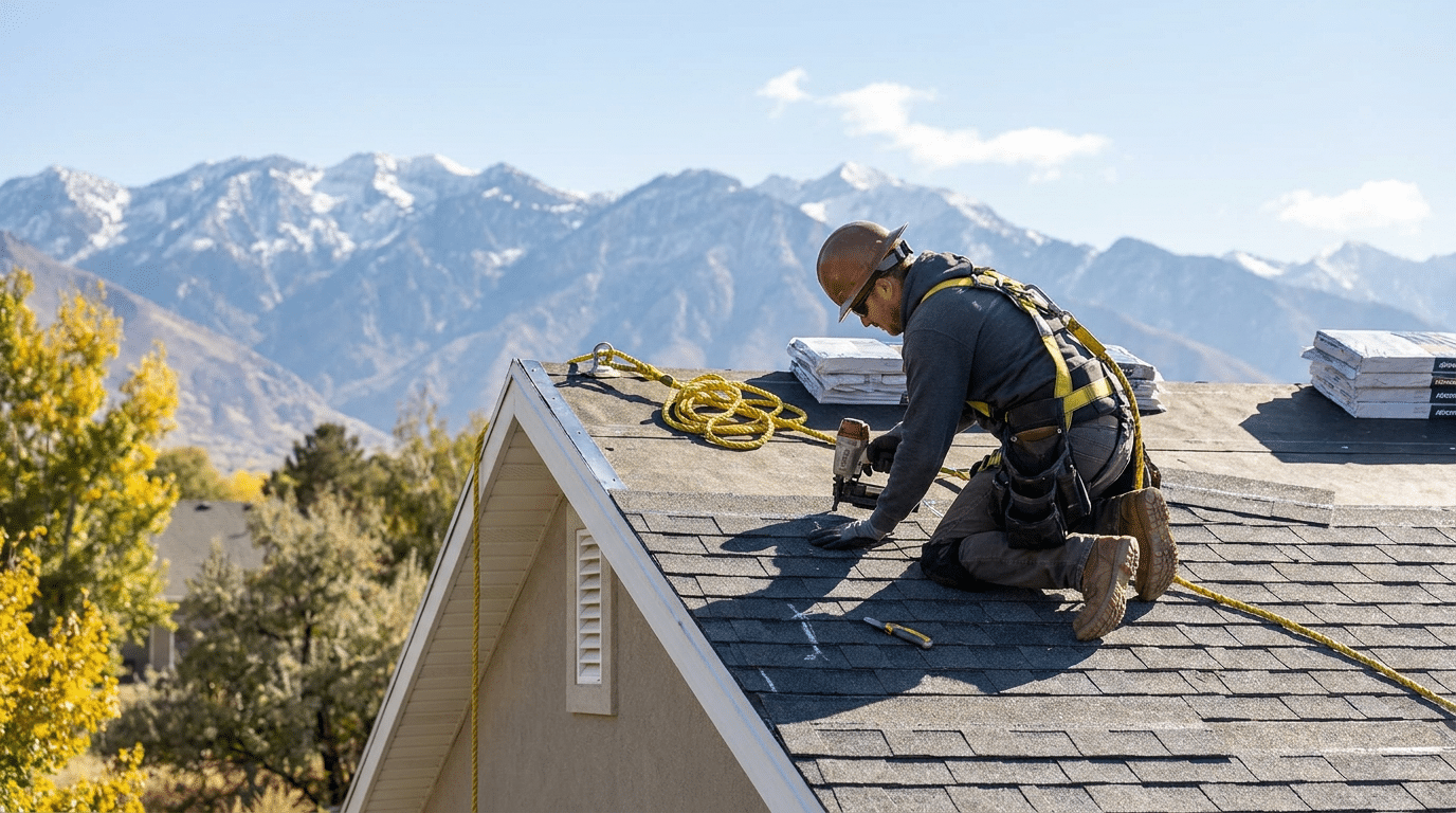 A roofer in a hard hat and safety harness installs shingles on a residential roof in Sandy, Utah, with mountains in the background.