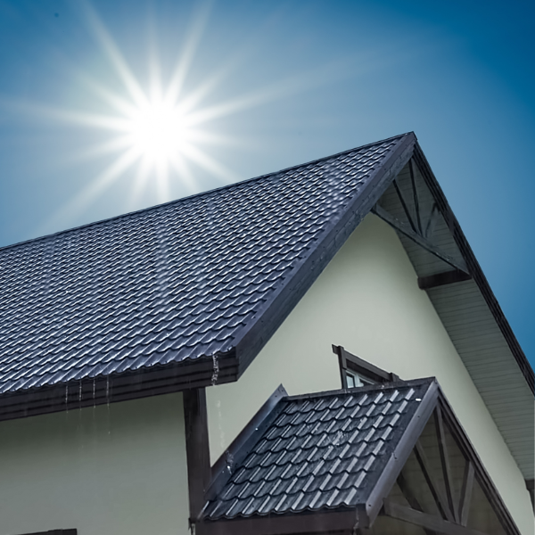 Sunlight hitting a dark-colored energy-efficient roof